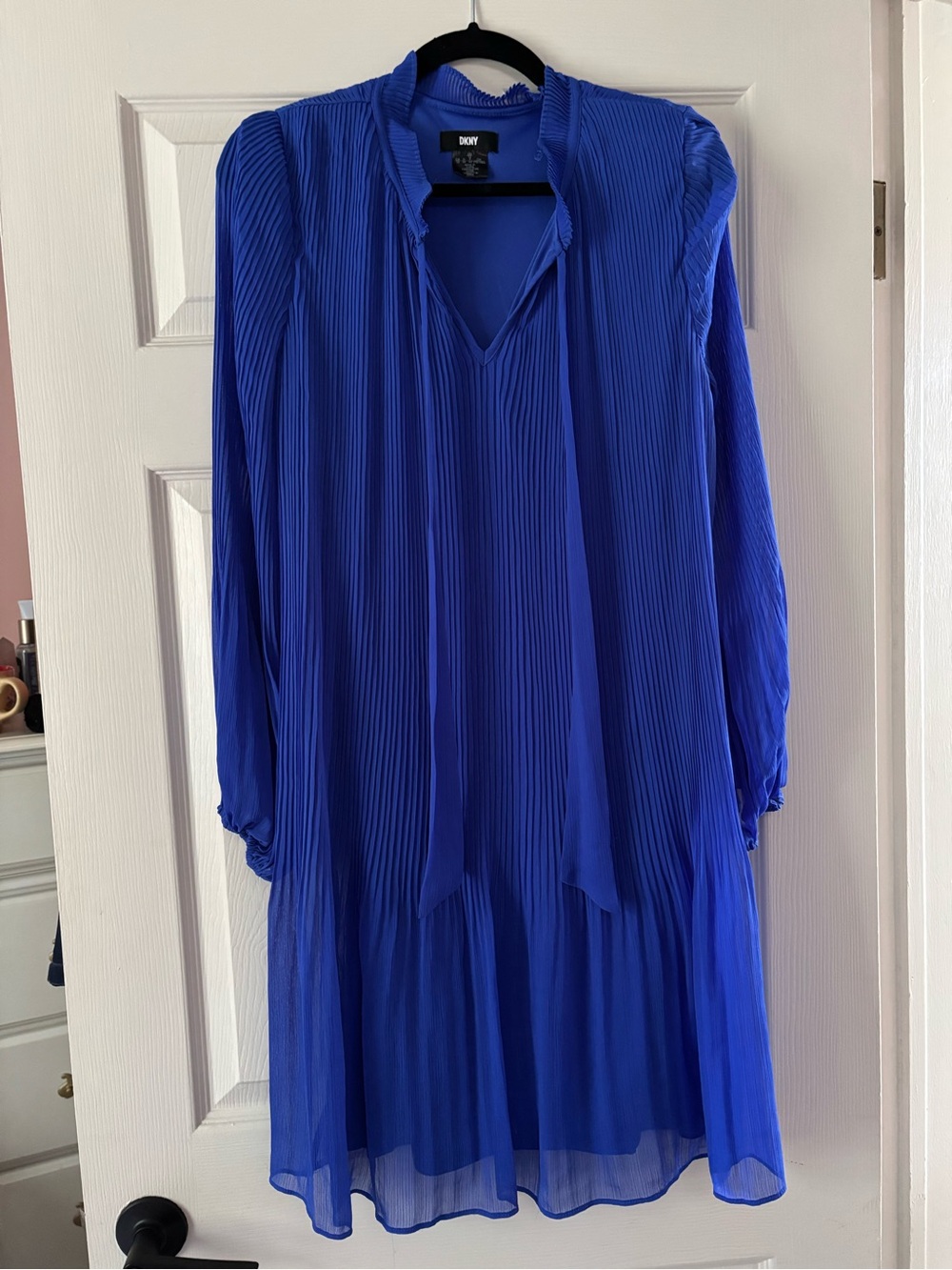 DKNY Cobalt Blue Long-Sleeve Pleated Dress